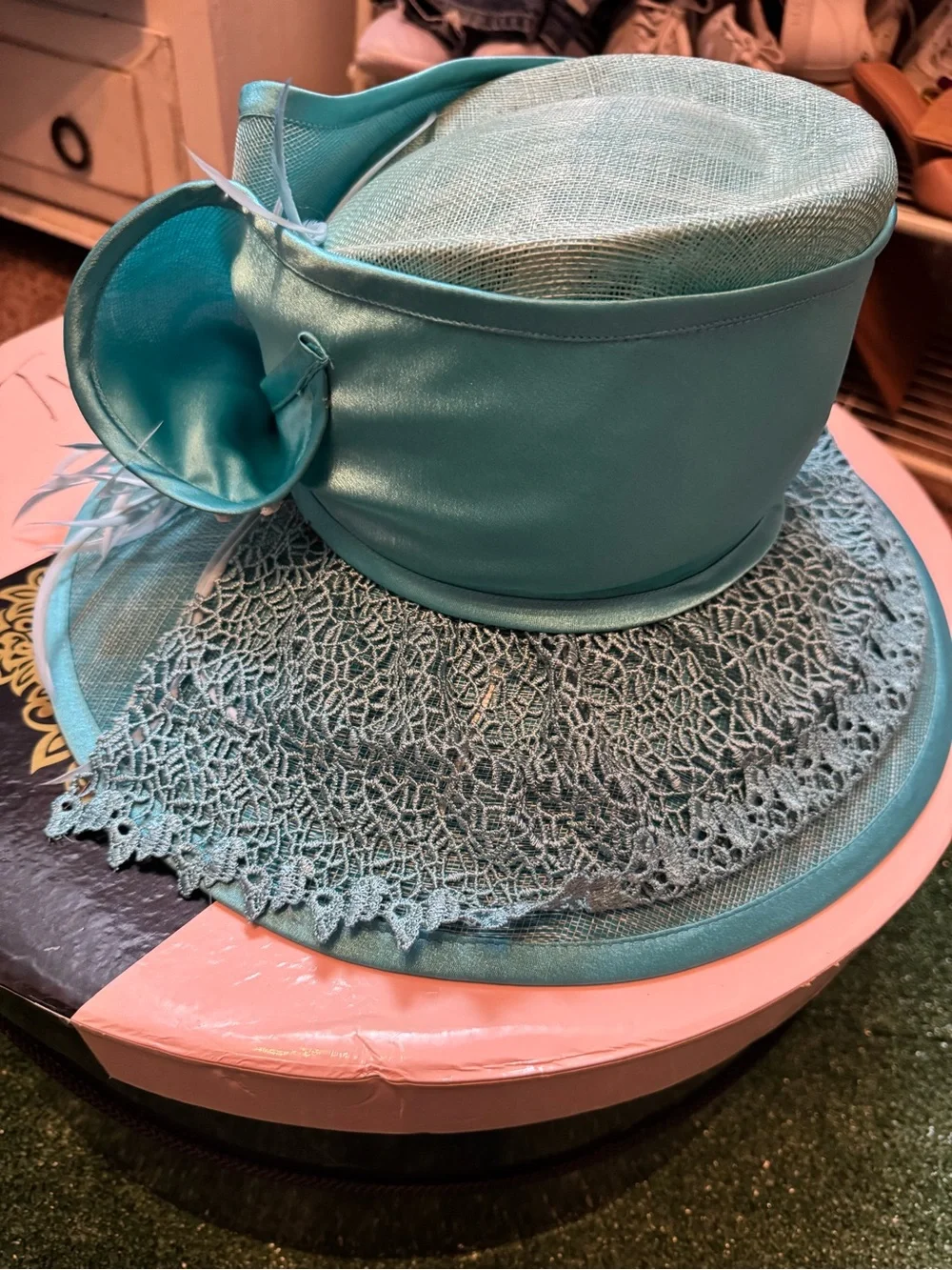Champagne Italy Aqua Women's Dress Hat with Decorative Trim and box